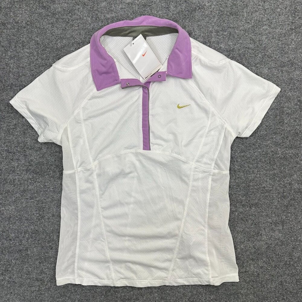 VTG Nike Tennis Polo Womens Small White Purple Trim FitDry Stretch NWT